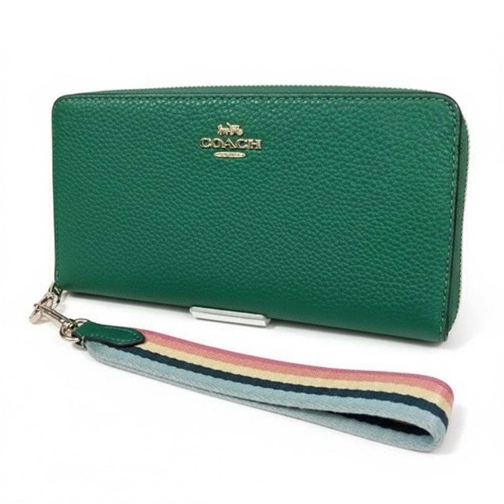 Coach Green Pebbled Leather Zip-Around Wristlet with Striped Strap